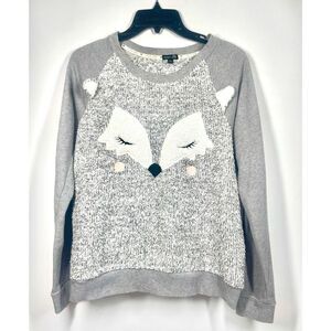 Cozy Zoe Sweater Grey Long Sleeve Shirt White Fox Face Embroidery 3D Women S